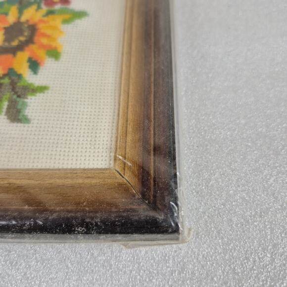 Vintage Framed Needlepoint Sunflowers & Wildflowers Handmade Embroidery Sealed - Picture 5 of 9